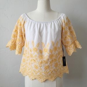 Alice Blue White Off-Shoulder Top with Yellow Floral Embroidery